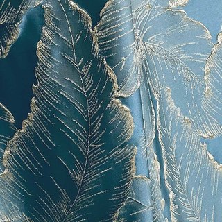 Paradise Luxuriöse 3D Jacquard Tropische Blätter Eierschalenblau Vorhang mit Gold Details 3