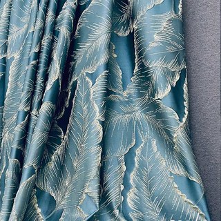 Paradise Luxuriöse 3D Jacquard Tropische Blätter Eierschalenblau Vorhang mit Gold Details 2