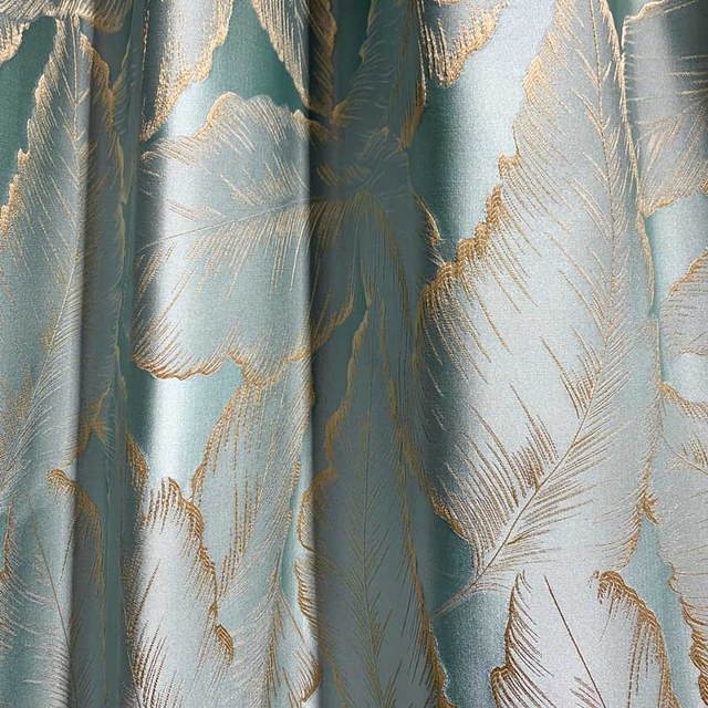 Paradise Luxuriöse 3D Jacquard Tropische Blätter Pastellblaue Vorhänge mit Golddetails 1