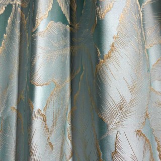 Paradise Luxuriöse 3D Jacquard Tropische Blätter Pastellblaue Vorhänge mit Golddetails