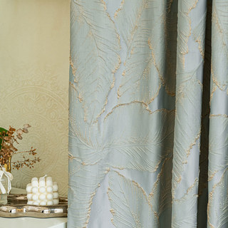 Paradise Luxuriöse 3D Jacquard Tropische Blätter Pastellblaue Vorhänge mit Golddetails 4