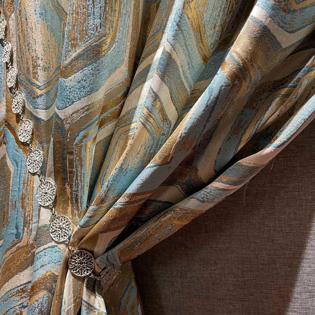 Wabenmuster Luxus Jacquard Sechseck Geometrisch Türkisblau & Metallic Gold Vorhang 1