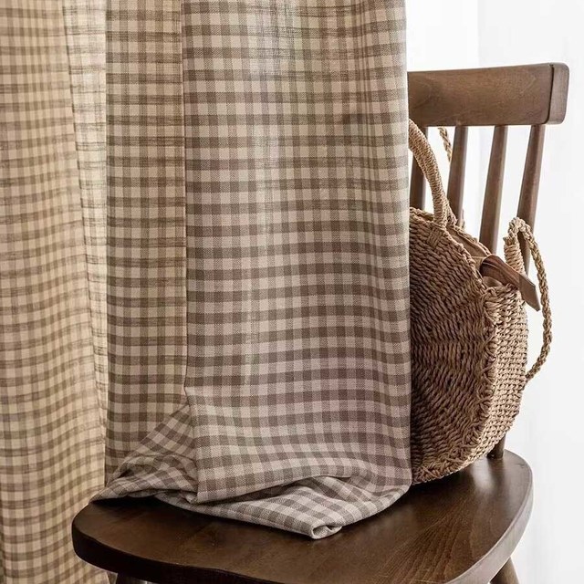 Farmhaus-Charme Leinen-Optik Mocha Braun Gingham-Karomuster Vorhänge 1