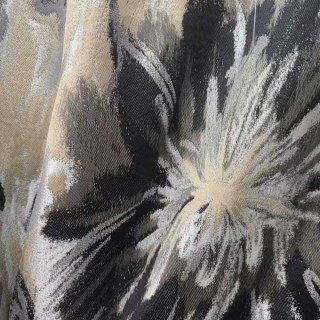 Noir Petals Schwarze und cremefarbene abstrakte Blumenvorhänge mit silberfarbenen Details 4