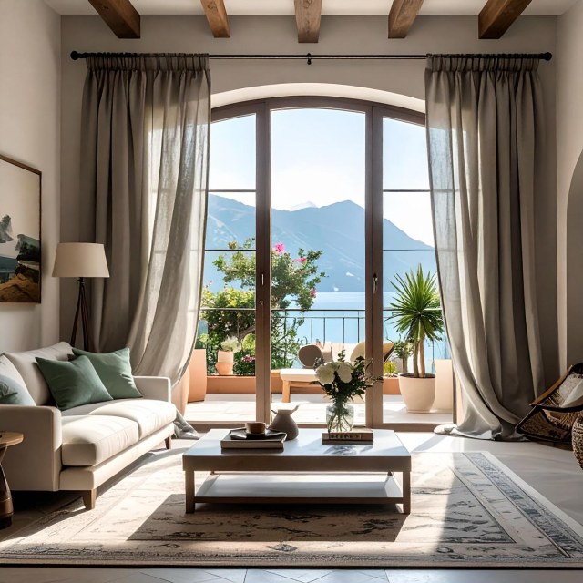 Provenzalischer reiner Flachsleinen hellgrauer schwerer halbtransparenter Voile-Vorhang 1