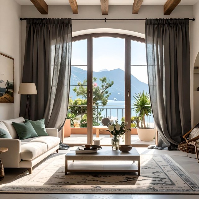 Provenzalischer Stil, reiner Leinen, dunkles Anthrazitgrau, schwere, transparente Gardine 1