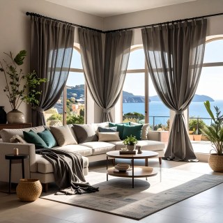 Provenzalischer Stil, reiner Leinen, dunkles Anthrazitgrau, schwere, transparente Gardine 3