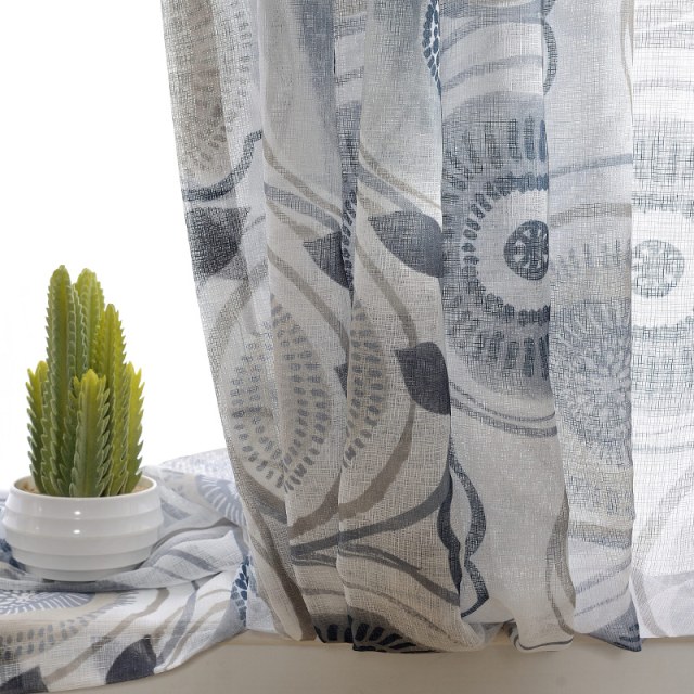 Circle Dance Multicolour Blue Grey Mid Century Modern Floral Voile Curtain 1