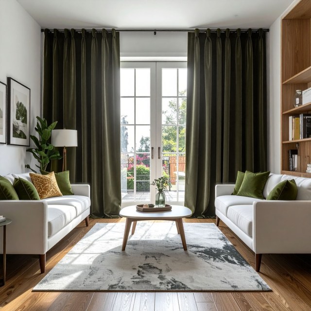 Doppelter Plüsch Dunkelolivgrüner Chenille Verdunkelungsvorhang 1