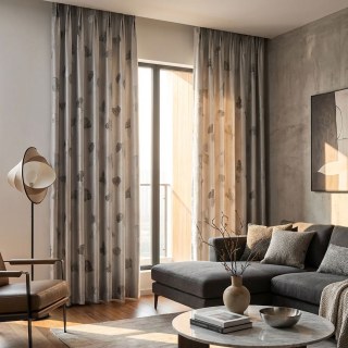 Asiatischer Hain Luxus Jacquard Ginkgo Blatt Muster Silbergrauer Vorhang mit Gold Details 2