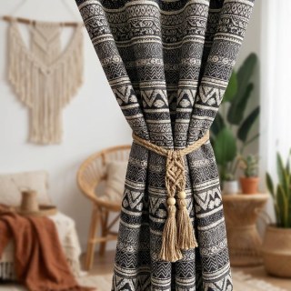 Aztek Ikat Schwarz-Weiß Horizontal Gestreifte Geometrische Vorhänge 5