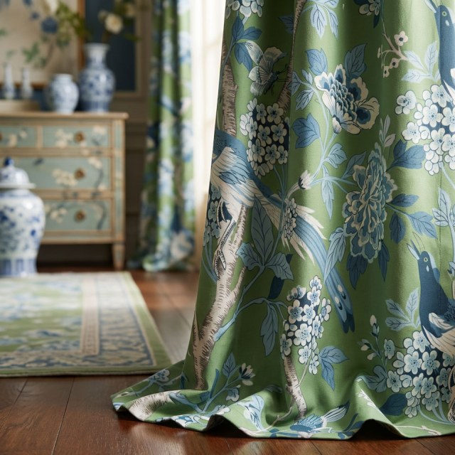 Vögel & Blüten Chinoiserie Blau & Grün Blumen Samt Vorhang 1