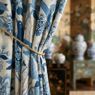 Vögel & Blüten Chinoiserie Blau Blumenmuster Samtvorhang 2