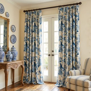 Vögel & Blüten Chinoiserie Blau Blumenmuster Samtvorhang 3