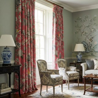 Vögel & Blüten Chinoiserie Korallenroter floraler Samtvorhang 3