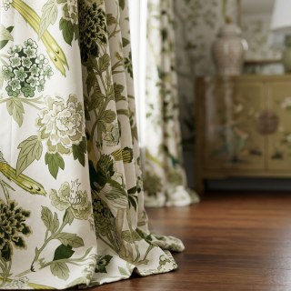 Vögel & Blüten Chinoiserie Olivgrüne florale Samtvorhänge