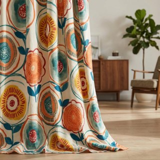Circle Dance Multicolor Rot Gelb Blau Mid Century Modern Blumenmuster Vorhang