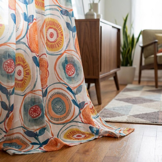Kreistanz Mehrfarbig Rot Mid-Century Modern Blumen Voile Vorhang 1