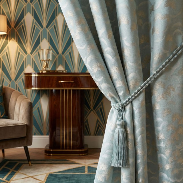 Flatternde Fanburst Art Deco Geometrische Pastell Salbei Enteneigrüne Vorhänge 1