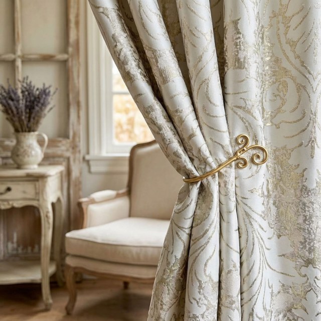 Goldene Barock Luxus Jacquard Creme Gold Damast Vorhänge 1