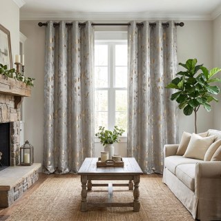 Golden Grove Luxuriöser Jacquard Seidiger Cremefarbener Goldfarbener Vorhang 2