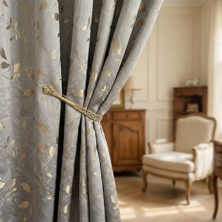Golden Grove Luxus Jacquard Seidenglanz Grau und Gold Florale Gardinen