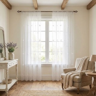 Anmutige Schmetterling Glas Perlen bestickte weiße Voile Gardine 3