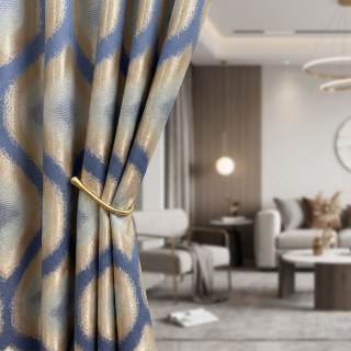 Ikat Ogee Luxuriöse Jacquard Blau-Goldene Geometrische Vorhänge 2