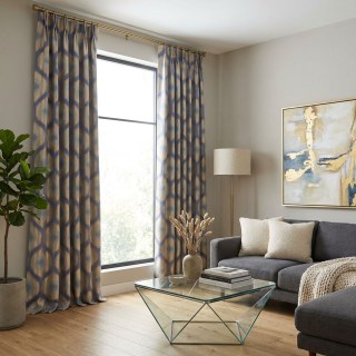 Ikat Ogee Luxuriöse Jacquard Blau-Goldene Geometrische Vorhänge 3