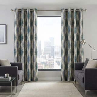 Ikat Wellen Blau und Türkis Ogee Geometrische Vorhänge mit Silberdetails 4