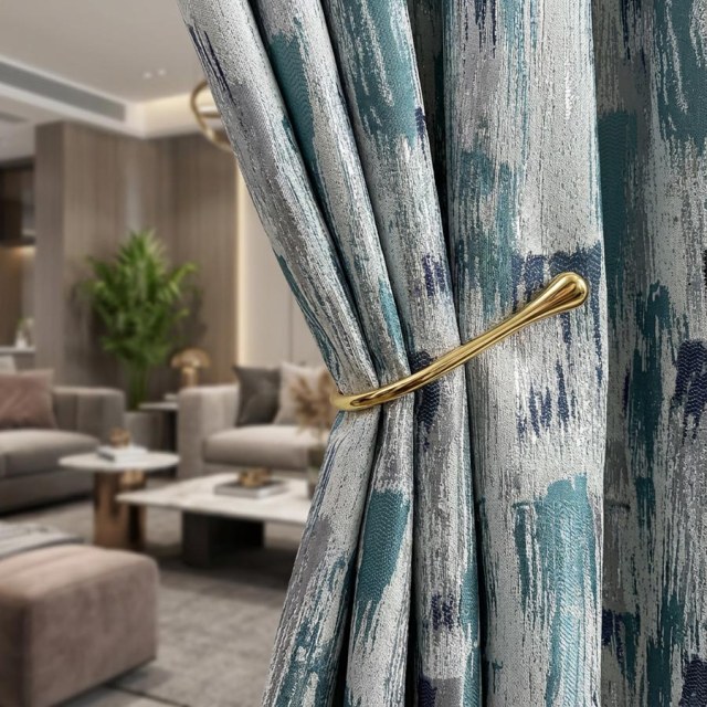 Impressionistische Pinselstriche Luxus Jacquard Türkisblaue Vorhänge mit Silberdetails 1