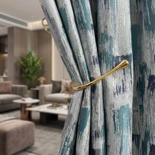 Impressionistische Pinselstriche Luxus Jacquard Türkisblaue Vorhänge mit Silberdetails