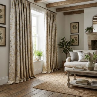 In The Woods Luxuriöser Jacquard Schimmerndes Beige Blätter Vorhang mit Gold Details 3