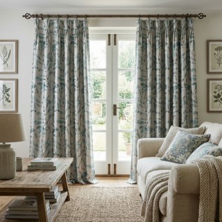 In The Woods Luxuriöser Jacquard Schimmerndes Teal Leaves Vorhang mit Gold Details 3