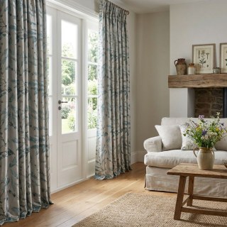 In The Woods Luxuriöser Jacquard Schimmerndes Teal Leaves Vorhang mit Gold Details 4