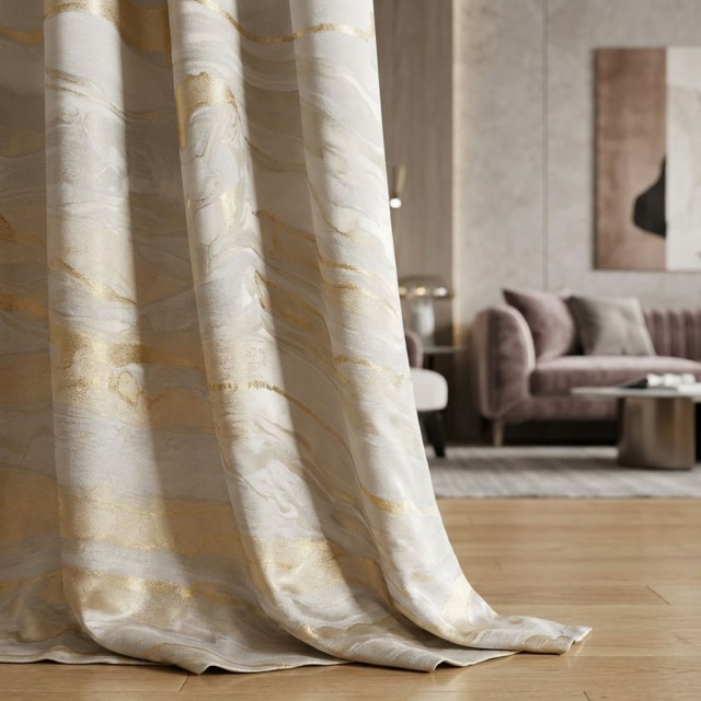 Marmorierte luxuriöse Jacquard Creme & Gold Vorhänge 1