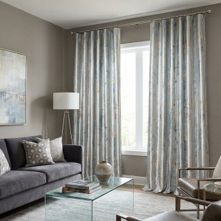 Nebelregen Jacquard Kunstseide Creme & Pastellblau Blumenmuster Vorhang mit Golddetails 3