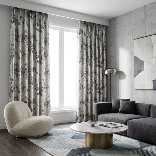 Moonlit Garden Silber und Schwarz 3D Jacquard Blumen Vorhang 1