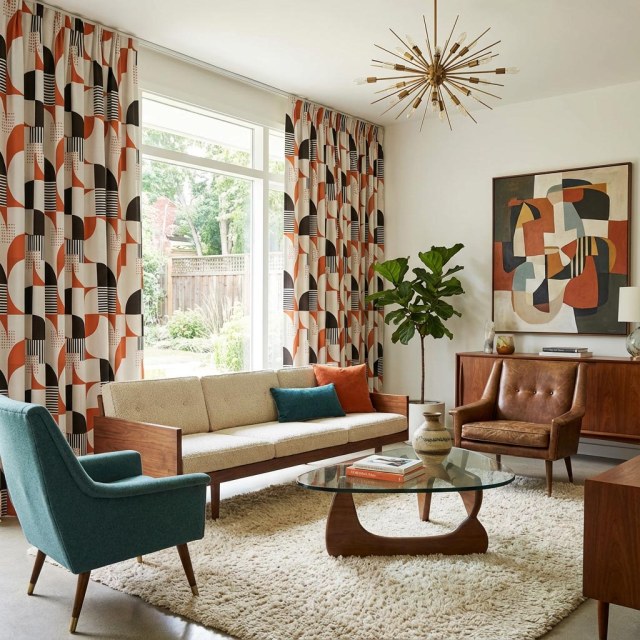 Retro Rhythm Mid Century Modern Orange und Schwarz Geometrischer Vorhang 1