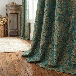 Rose Reverie Dunkelgrüne und goldfarbene 3D Jacquard Blumen Gardine 3