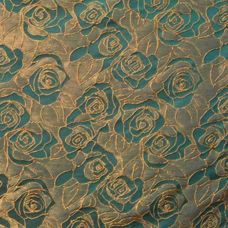 Rose Reverie Dunkelgrüne und goldfarbene 3D Jacquard Blumen Gardine 5