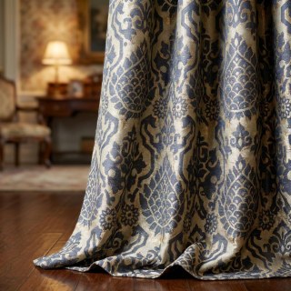 Königliches Indigo Luxus Jacquard Blau und Goldene Blumen Vorhänge