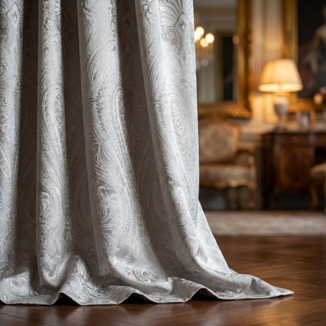 Royal Mirage Cream Taupe Damast Samt Vorhang 1