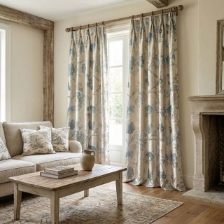 Geheimer Garten Seidig Cremefarben & Pastell Türkis Blumen Vorhang mit Gold Details 3