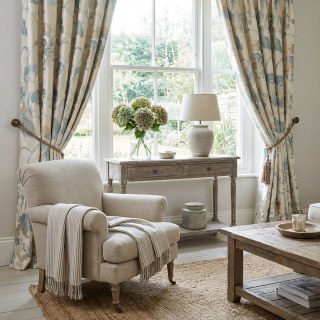 Geheimer Garten Seidig Cremefarben & Pastell Türkis Blumen Vorhang mit Gold Details 4