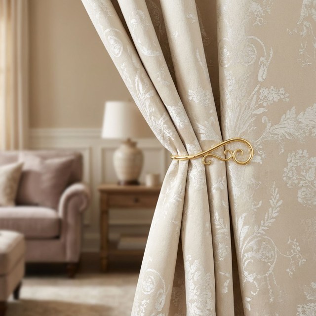 Silberne Blüten Jacquard Creme Damast Vorhang 1
