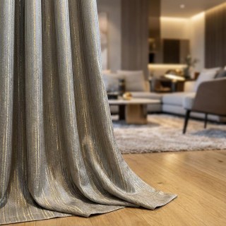 Sonnenstrahl Glimmernder Subtiler Strukturierter Gestreifter Champagner Gold und Grauer Vorhang 2