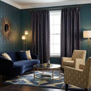 Die Roaring Twenties Luxus Art-Deco Muschelmuster Marineblau & Goldene Geometrische Vorhänge 2