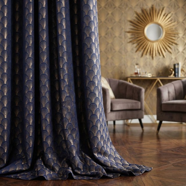 Die Roaring Twenties Luxus Art-Deco Muschelmuster Marineblau & Goldene Geometrische Vorhänge 1