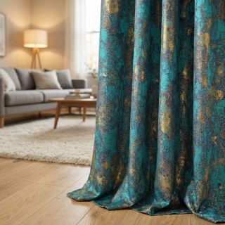 Türkis Schätze Luxus Jacquard Teal Blau & Gold Vorhang 2